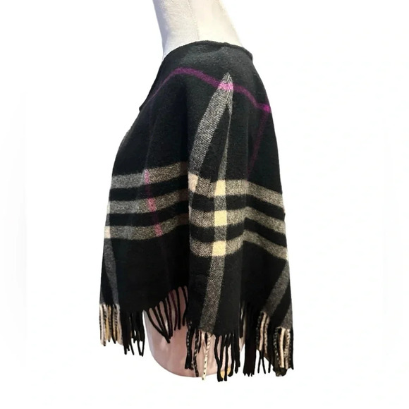 Burberry London Womens Black Plaid V-Neck Fringe Poncho Sweater Size S/M - Picture 6 of 9